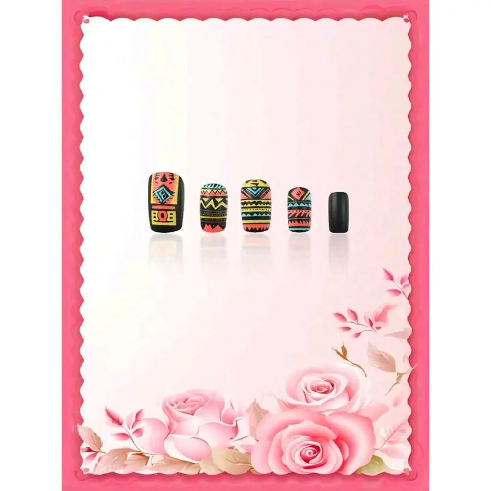 24Pcs Medium-Long Geometric Pattern Matte Designer Press-on Nails Square NEW